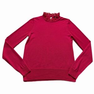 JCREW Wool Hot Pink Crochet Lace Mock Neck Sweater S